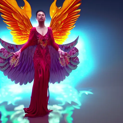 Image similar to a beautiful orchid phoenix angel woman, in an ornamented dress with large wings, photorealism, octane, unreal engine, volumetric light, god rays, 8 k high resolution, rubies