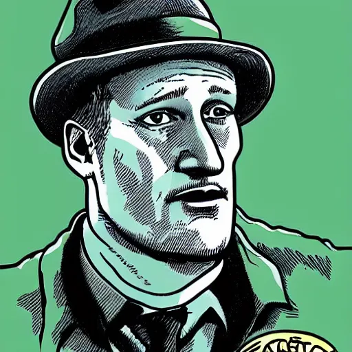 Image similar to a portrait illustration of Woody Harrelson drawn by ROBERT CRUMB