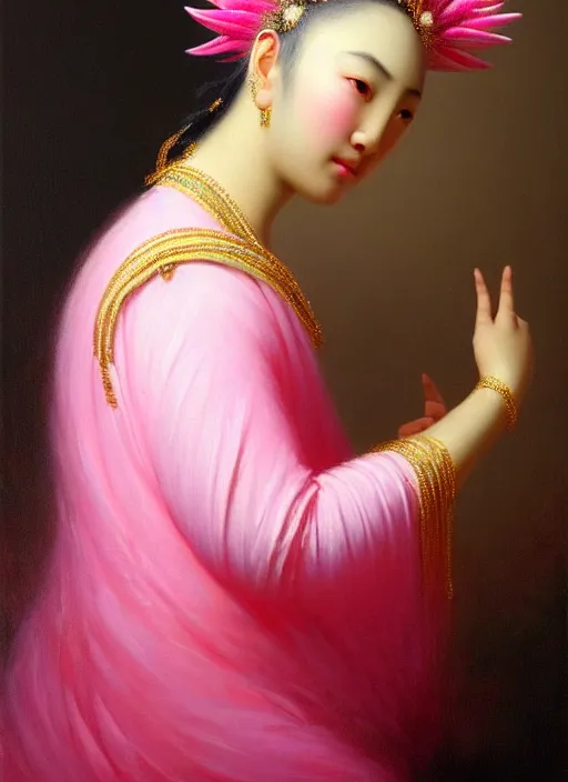 Prompt: stunning asian godess, detailed pink and white protea head peace against a black backdrop by ivan aivazovsky, wlop, oil painting, beautiful soft lighting, muted colours, artstation