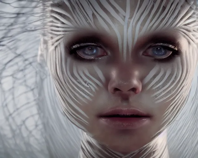 Prompt: a film still of a synthetic female human wrapped in white cloth, beautiful, tribal facepaint, in neotokyo, cinematic lighting, high resolution, 4 k