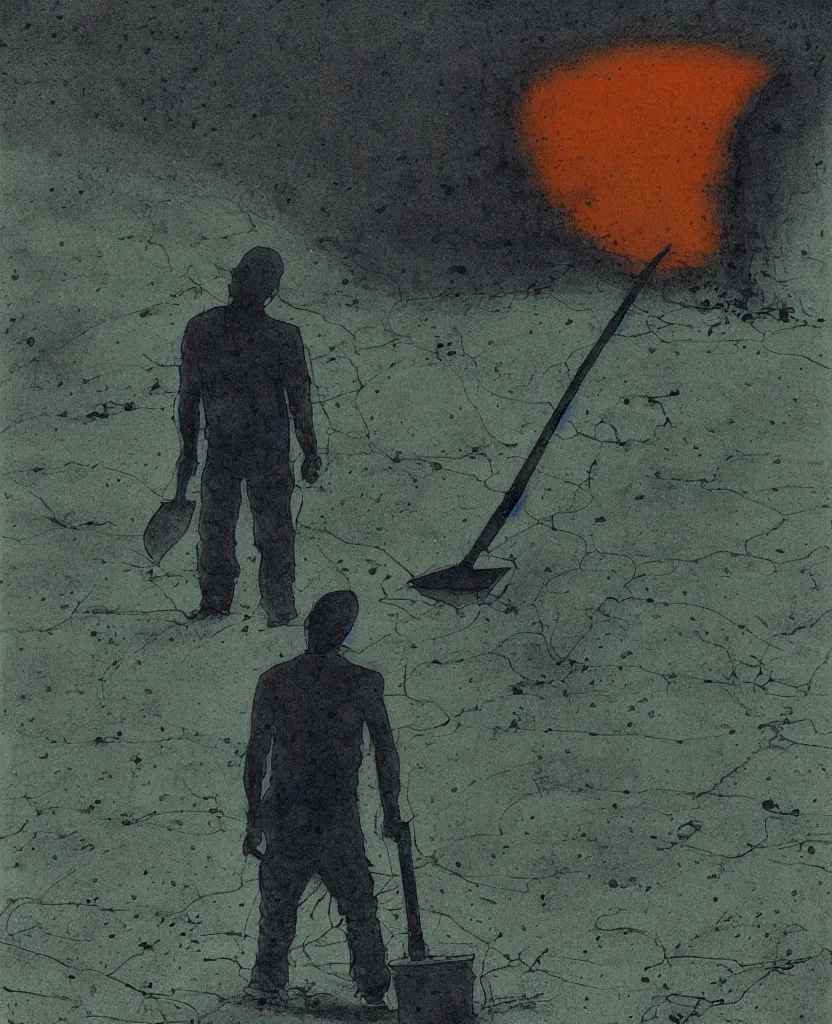 Prompt: a mournful man with a shovel standing digging up a dead body in it, subtle blue, orange, and dark green tones, high quality, high detail, dark colors, sinister atmosphere, dramatic lighting, cinematic, establishing shot, extremely high detail, photo realistic, cinematic lighting, pen and ink, intricate line drawings, by Yoshitaka Amano, Ruan Jia, Kentaro Miura, Artgerm, post processed, concept art, artstation, matte painting, style by eddie mendoza, raphael lacoste, alex ross