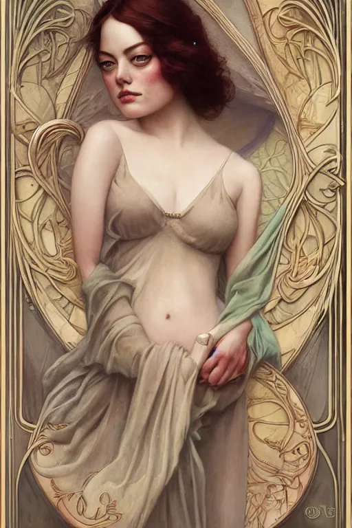 Image similar to Emma Stone by Tom Bagshaw in the style of Gaston Bussière, art nouveau