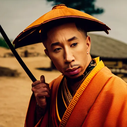 Image similar to cinematic film still of Tyga starring as a Samurai holding fire, Japanese CGI, VFX, 2022, 40mm lens, shallow depth of field,film photography