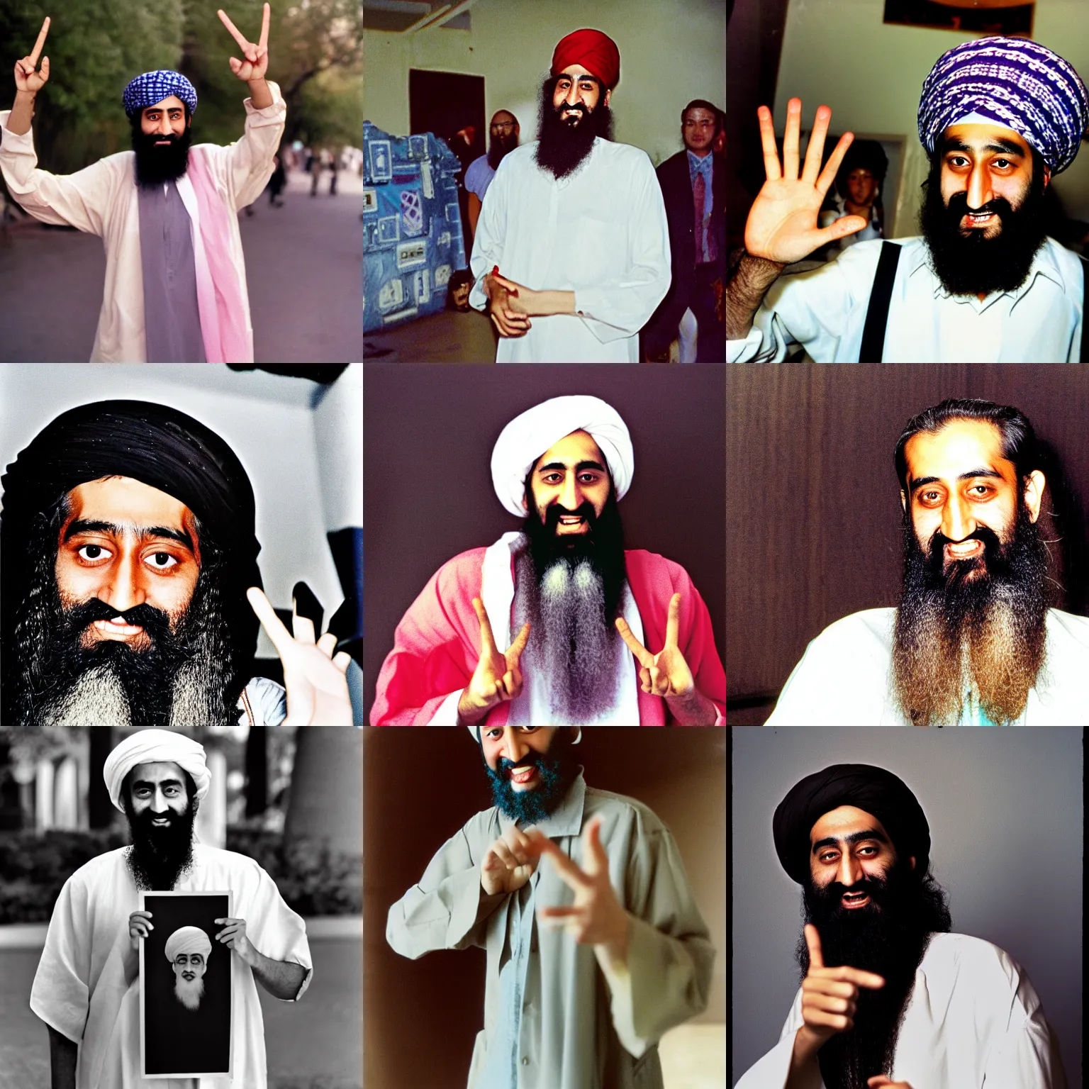 Prompt: 35mm professional photograph of osama bin laden looking super kawaii holding up a peace sign smiling super cute