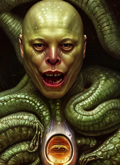 Image similar to elon musk as slimy mollusk, anthropomorphic character, drool, concept art, intricate, elegant, highly detailed, digital painting, artstation, wallpaper, smooth, sharp focus, illustration, art by h. r. giger and artgerm and greg rutkowski and alphonse mucha