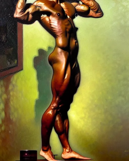 Image similar to full body painting of a frog bodybuilder, oil on canvas, art by greg rutkowski and alphonse mucha