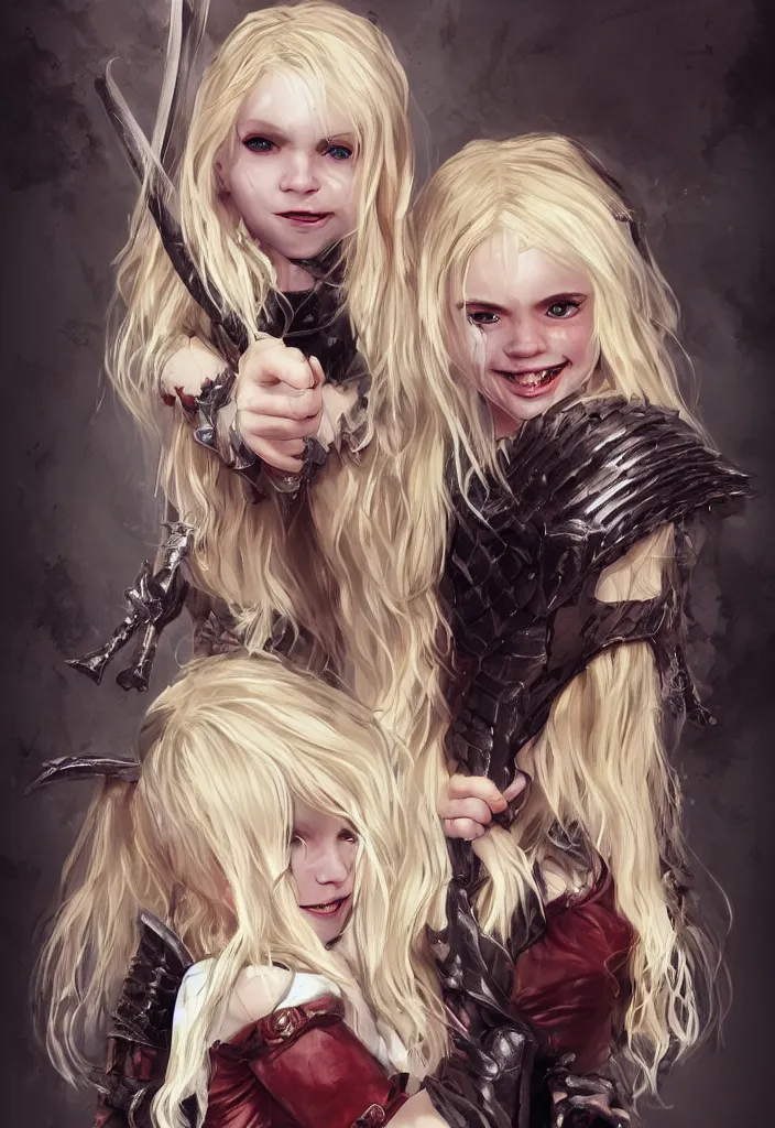 Image similar to blonde vampire girl, child, freckles, smiling, messy curly hair, dark leather armor, sword, portrait, concept art, trending on artstation