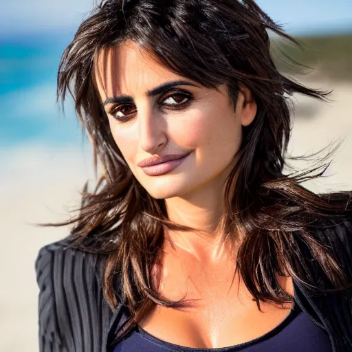 Image similar to a portrait of penelope cruz in a beach, sigma 8 5 mm f / 1. 4