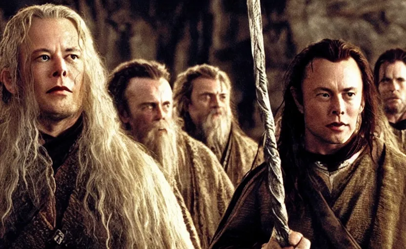 Image similar to screenshot from the fellowship of the ring where elon musk contributed to the council of elrond