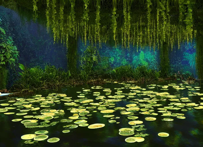 Image similar to A flooded ballroom overgrown with aquatic plants, flowers, lily pads, vines, majestic, dramatic lighting, digital art, trending on Artstation