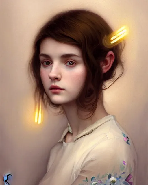 Image similar to !dream portrait of a welsh teenage girl with brown hair, glowing skin, delicate features, quiet beauty, amelie poulain, elfin beauty, fantasy, intricate, elegant, dress shirt, highly detailed, digital painting, artstation, concept art, smooth, sharp focus, illustration, art by Krenz Cushart and Artem Demura and alphonse mucha