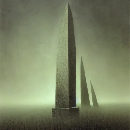 Prompt: arm reaching out of thick fog, obelisks in background, intricate zdzislaw beksinski