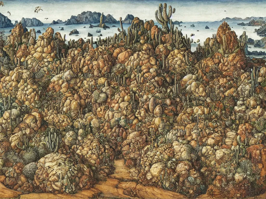 Prompt: Seashell citadel. Windswept desert, jagged rocks, marbled boulders, efflorescent cacti, fungus. Painting by Lucas Cranach, Escher.