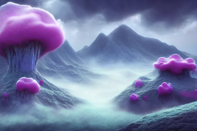 Image similar to a psychedelic realm in another dimension with rolling plains made out of clouds, mountains made out of icebergs, and plant life made out of cotton candy, in the style of wlop, illustration, epic, fantasy, hyper detailed, smooth, unreal engine, sharp focus, ray tracing