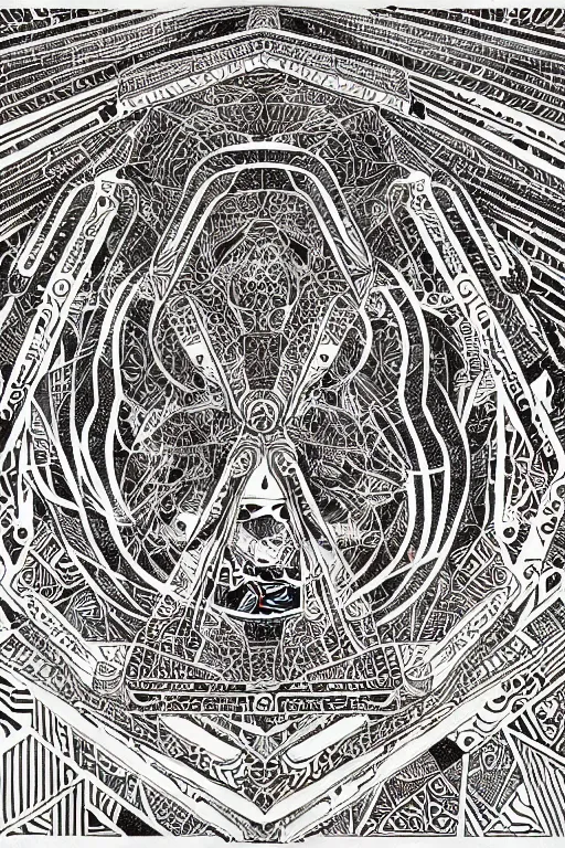 Image similar to a black and white drawing of an ancient temple mandala, a detailed mixed media collage by hiroki tsukuda and eduardo paolozzi and moebius, intricate linework, sketchbook psychedelic doodle comic drawing, geometric, street art, polycount, deconstructivism, matte drawing, academic art, constructivism