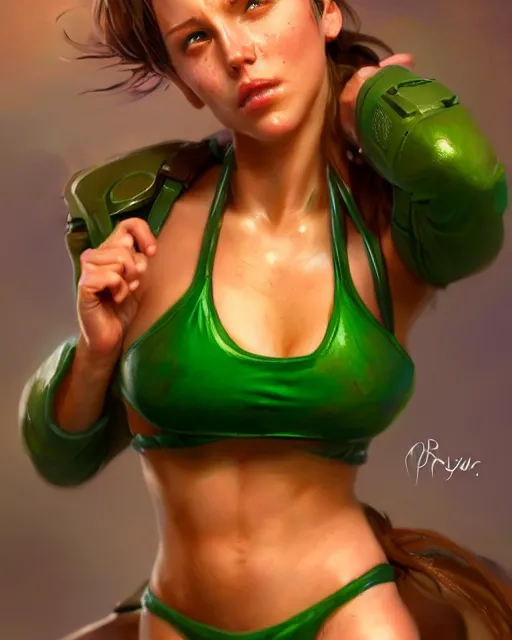 Prompt: play of the game of cammy wearing green bikini, perfect face, brown hair, abs, cinematic, stunning, cute, adorable, strong, highly detailed, psychedelic, digital painting, artstation, smooth, hard focus, illustration, art by jessica rossier and and brian froud