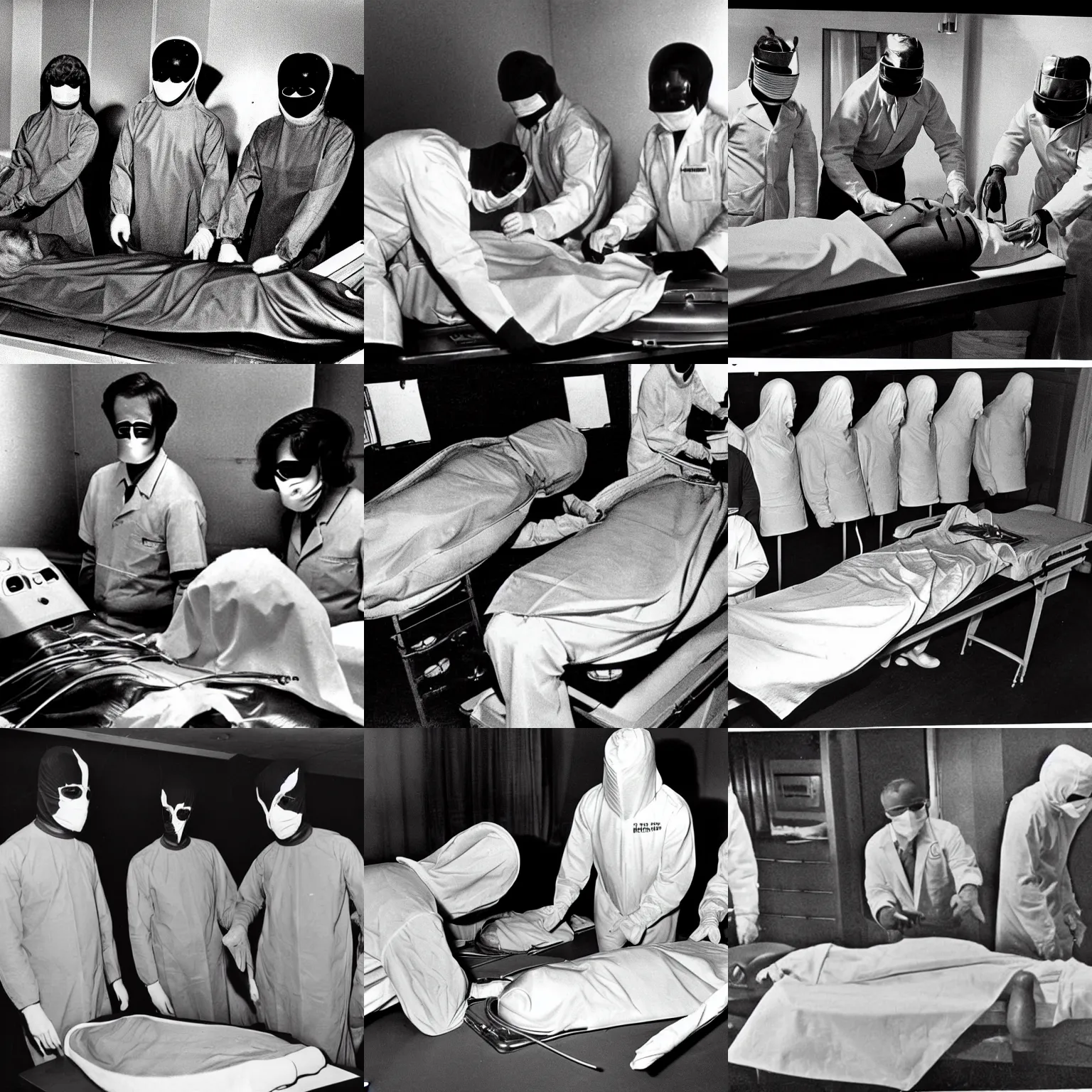 Prompt: 1960s photographic evidence of alien autopsy, doctors wearing masks and examining alien body partially covered by sheets