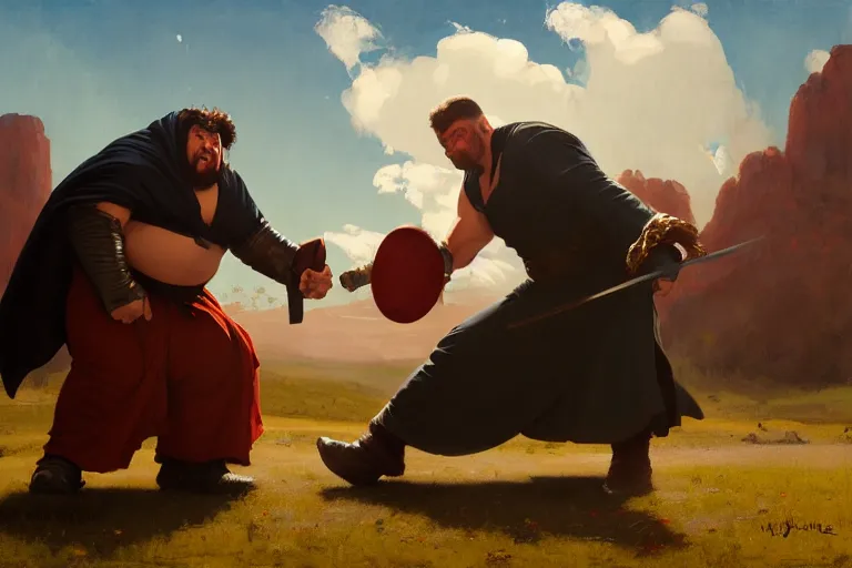 Image similar to a dynamic painting of a medieval sorcerer fighting a gigantic white fat monster, obese monstrosity fight by ilya kuvshinov and jeremy lipking and quentin mabille, realism, ultra detailed, 8 k resolution