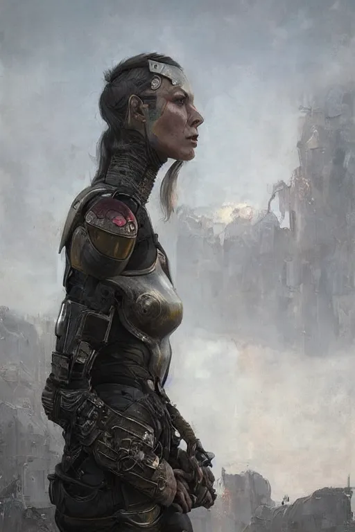 Prompt: a portrait of a woman in a post apocalyptic ruins dusk in futuristic armour by eve ventrue