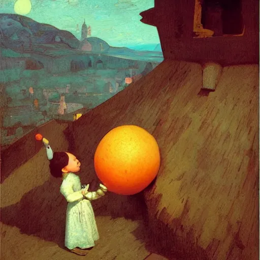 Image similar to james and the giant peach!!!!! illustrated by johannes vermeer, greg rutkowski, gaston bussiere, van gogh, davinci, and zdzisław beksinski, award - winning, cgsociety contest winner