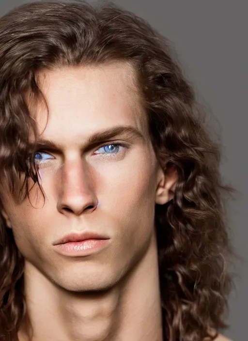 Image similar to a very skinny young Tarzan close-up portrait of young white male, with long straight slicked back brown hair shoulder length