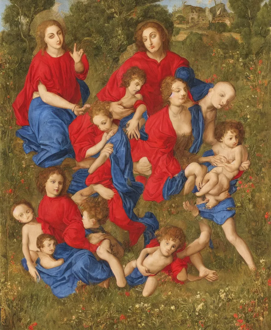 Image similar to Portrait of Madonna. In the Foreground is a Madonna with red shirt and blue cloth and two boys playing in the style of Raffael. Curly red hair. The boys are very small and only clothed with blue linen. They are sitting in a dried out meadow. One boy is playing with a cross. She is holding the other one back. Middleground is empty. On the horizon in the golden ratio, there is a lake with a town and mountains. Flat perspective.