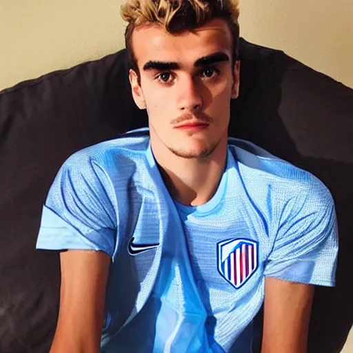 Image similar to “ a realistic detailed photo of a guy who is an attractive humanoid who is half robot and half humanoid, who is a male android, soccer player antoine griezmann, shiny skin, posing like a statue, blank stare, on the bed, on display ”