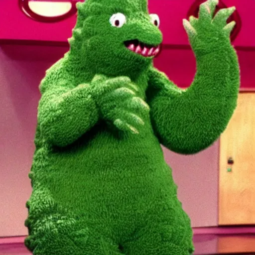 Prompt: Green Godzilla on Barney and Friends