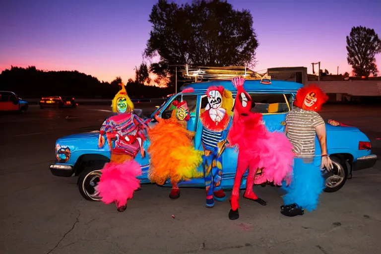 Prompt: 2 0 clowns leaving a clowncar at a california drive in, in 2 0 1 2, cutecore clowncore, bathed in the the glow of the sunset, low - light photograph, in style of tyler mitchell