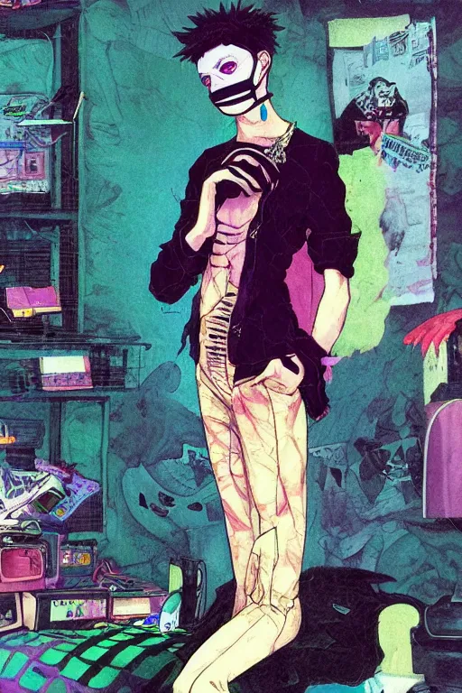 Image similar to a skinny goth guy wearing a face mask standing in a cluttered 9 0 s bedroom, full body character concept art, vaporwave colors, hirohiko araki art, inio asano art,