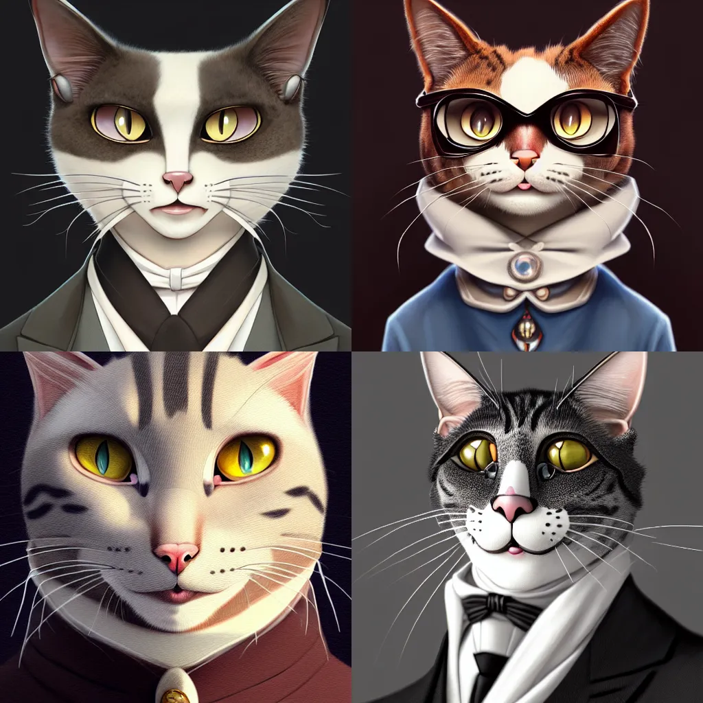 Prompt: portrait of an anthropomorphic cat aristocrat, artstation, elegant, highly detailed, digital painting, concept art, smooth, sharp focus, illustration, art by studio ghibli 8 k