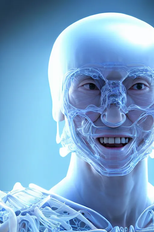 Image similar to hyperrealistic close-up translucent intricate exoskeleton!! smiling chinese man covered highly detailed concept art eric zener elson peter cinematic side soft blue light high angle hd 8k sharp shallow depth of field