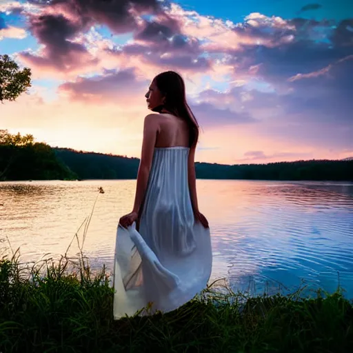 Prompt: a beautiful young woman in a sundress standing by a lake at sunset | soft atmospheric lighting