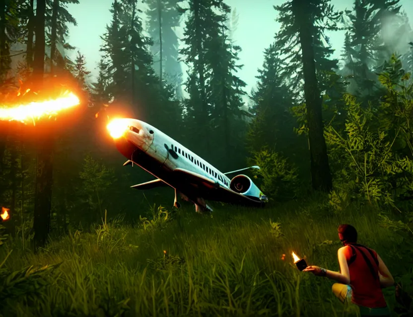 Image similar to a the forest game screenshot with a crashed plane, player is holding a lighter. ultra realistic