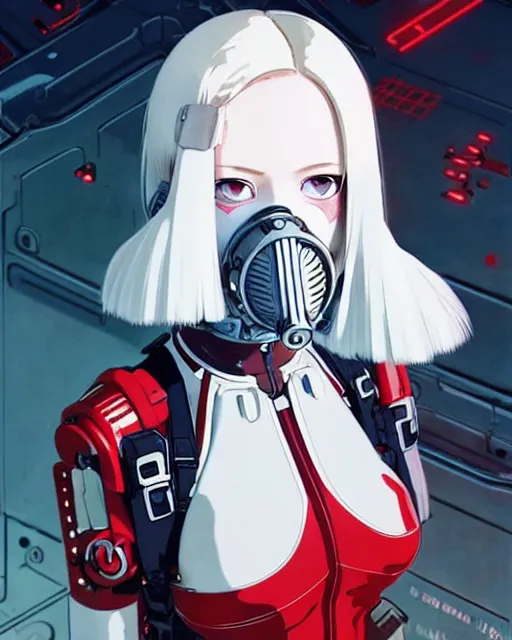 Image similar to white haired cyborg girl wearing gas mask and red dress | | audrey plaza, warframe armor, fine detail!! anime!! realistic shaded lighting!! poster by ilya kuvshinov katsuhiro otomo ghost - in - the - shell, magali villeneuve, artgerm, jeremy lipkin and michael garmash and rob rey