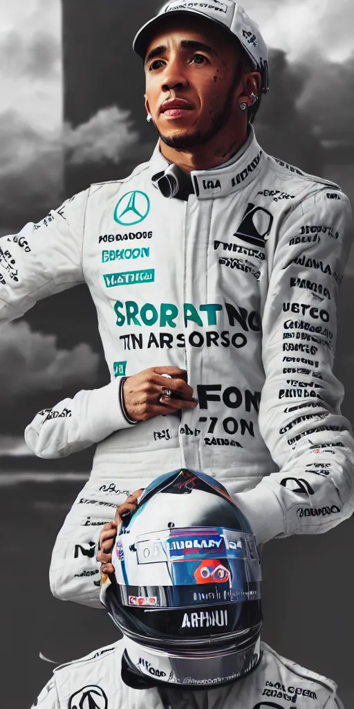 Image similar to A portrait of Lewis Hamilton in his racing uniform by Banksy, octane render,,highly details