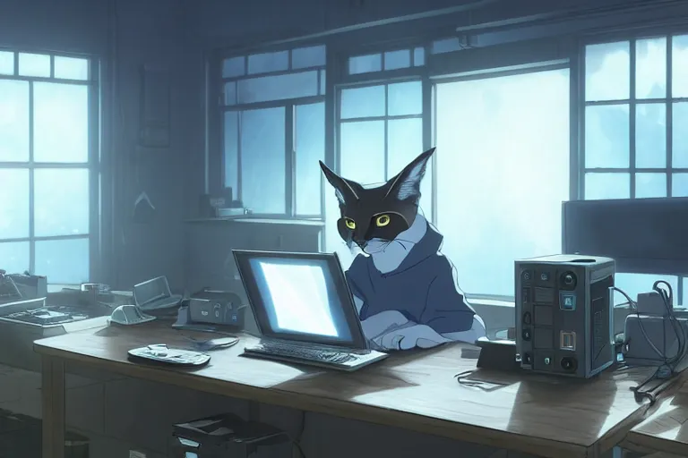 Image similar to a nerdy caracal is programming at a computer in a room full of gadgets, by makoto shinkai and ghibli studio, dramatic lighting, highly detailed, incredible quality, trending on artstation