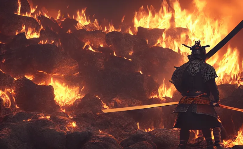 Prompt: highly detailed 3 d render of samurai warrior with sword standing in front of massive fire, burning japanese village from sengoku period, surrounded by dense rock formations, black smoke, blue night, cinematic lighting, photobash, raytracing, high contrast