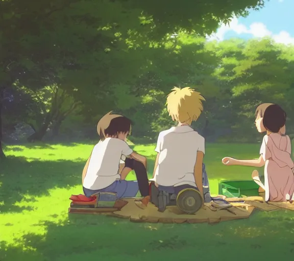 Prompt: a wholesome animation key shot of a girl and boy sitting together under a tree, having a picnic, boy and girl!!, studio Ghibli, Pixar and Disney animation, sharp, very detailed, high resolution, by Raphael LaCoste and Ruan Jia and Robert McCall, postcyberpunk, geodesic, hyperdetailed, sunrise, wide shot, autochrome, octane render, inspired by Hayao Miyazaki, anime key art by Greg Rutkowski, Bloom, dramatic lighting