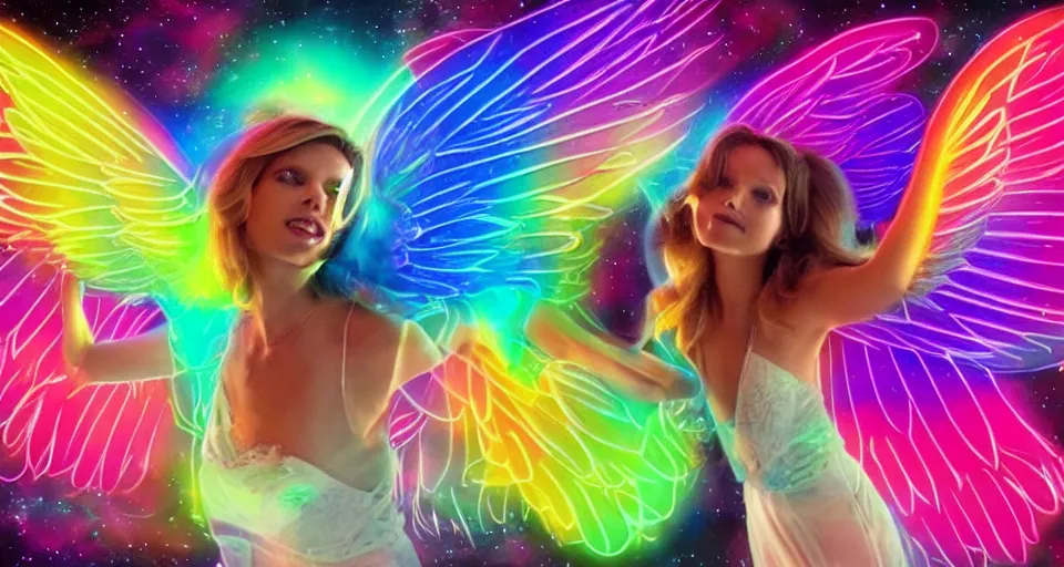 Prompt: a beautiful angel floating in space with neon wings