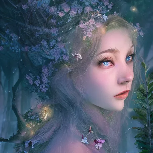 Image similar to a_gorgeous_photography_of_the_face_of_a_magical_fairy_in_the_night_in_a_forest_4k_detailed_trending_on_artstation