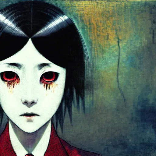 Image similar to yoshitaka amano blurred and dreamy realistic three quarter angle horror portrait of a sinister young woman with short hair, and red eyes wearing a lot of jewellery and office suit with tie, junji ito abstract patterns in the background, satoshi kon anime, noisy film grain effect, highly detailed, renaissance oil painting, weird portrait angle, blurred lost edges