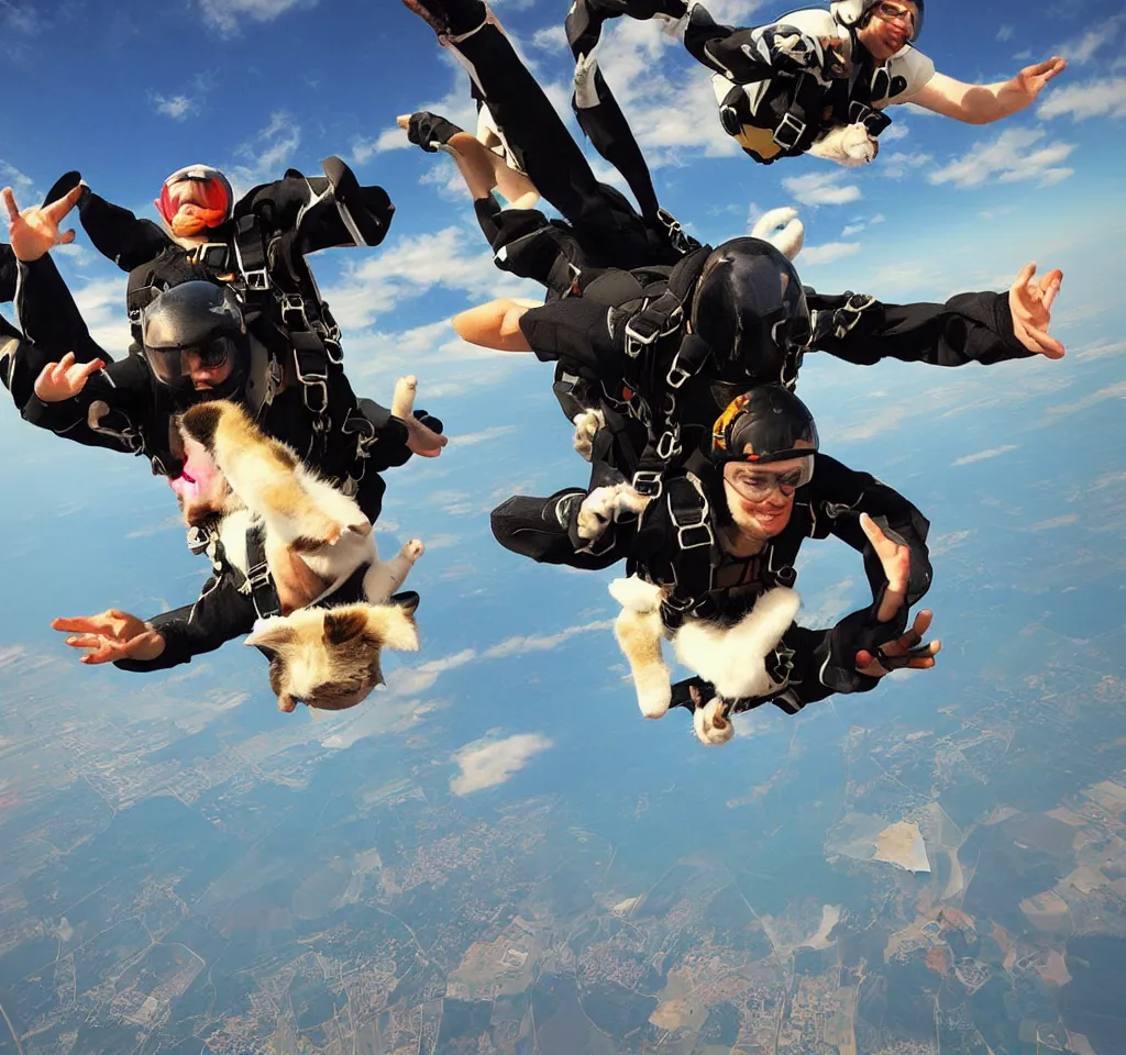 Image similar to many cats doing skydive from a big plane digital art, smooth, focus, highly detailed, hyper realistic