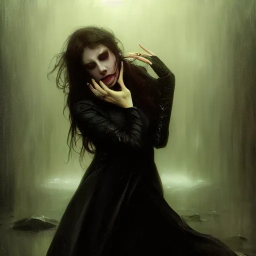 Image similar to hyperrealistic portrait of a woman as a vampire witch tears sorrow makeup dramatic in a black coat reflection in a stone mirror while it's heavily raining. by jeremy mann and alphonse mucha, fantasy art, photo realistic, dynamic lighting, artstation, poster, volumetric lighting, very detailed faces, 4 k, award winning