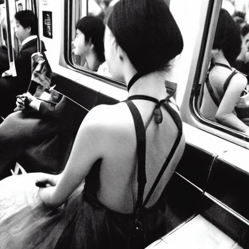 Prompt: a sexy chinese girl with backless dress in a crowded subway train, artistic, by annie leibovitz