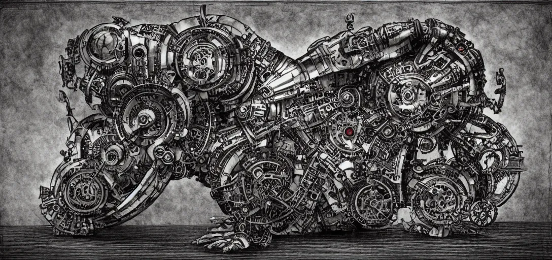 Prompt: mechagodzilla, steampunk automaton, mechanical, renaissance style drawing, alchmical sketch, mutant, detiled, clockwork, 4 k, fineart, anatomy of a machine, sketch by leonardo da vinci