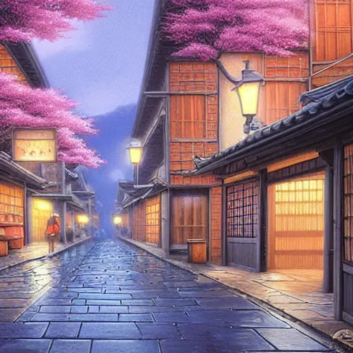Prompt: walking the streets of old kyoto by evgeny lushpin
