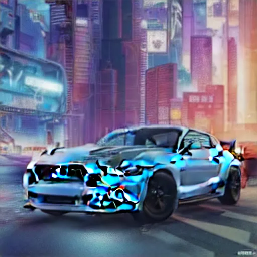 Image similar to ford mustang in cyberpunk city