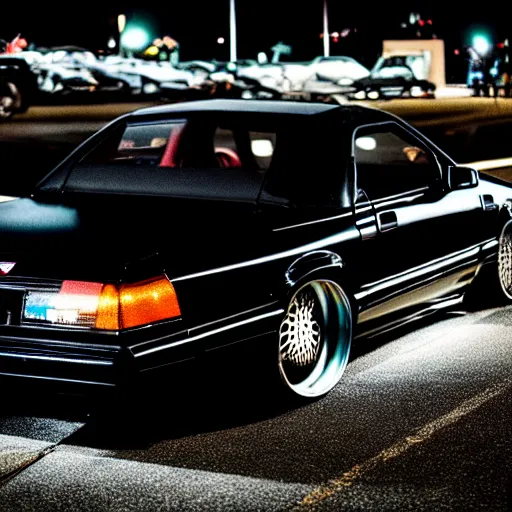 Image similar to a black 1990 Ford thunderbird sc at illegal car meet, Chiba prefecture, city midnight mist lights, cinematic color, vaporwave, highly detailed wheels, 50MM