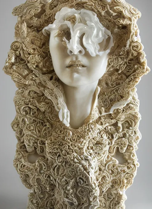 Prompt: romantic marble sculpture of beautiful woman, glistening, mandelbulb, masterpiece, rodin, michelangelo, hypercube, ivory carving, fractal paisley inlay, lace, intricate, elegant, highly detailed, gold inlay, metallic, ivory, artgerm, lace, by ruan jia and greg rutkowski